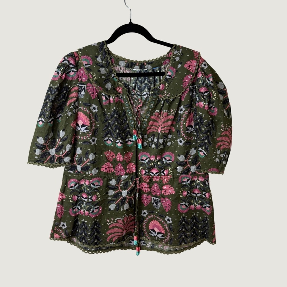 Farm Rio Tropical Floral Top Green Peter Pan Collar Boho Cottage L (estimated)